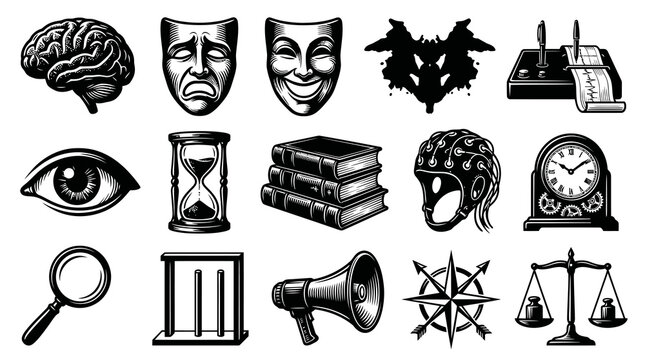 Black  White Line Art Psychology and Law Justice Concept Icons Set Engraving Style