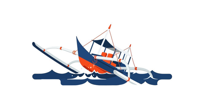 Colorful wooden fishing boat on rough waves illustration.