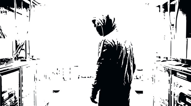 Man in Hooded Jacket Looking Back in Stark Black and White Industrial Setting