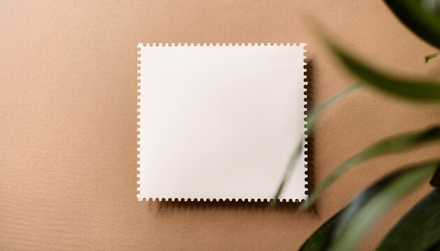 blank white postage stamp mockup beige background