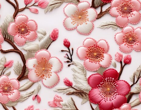 embroidered sakura cherry blossom seamless pattern on white background