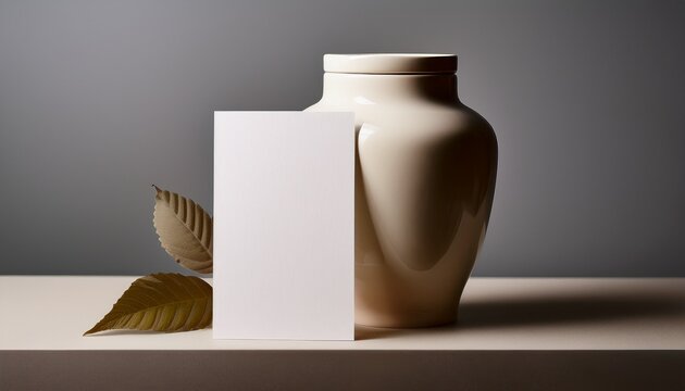 biodegradable cremation urn with blank memorial card on a neutral background minimal funeral concept conveys remembrance grief and eco burial choice
