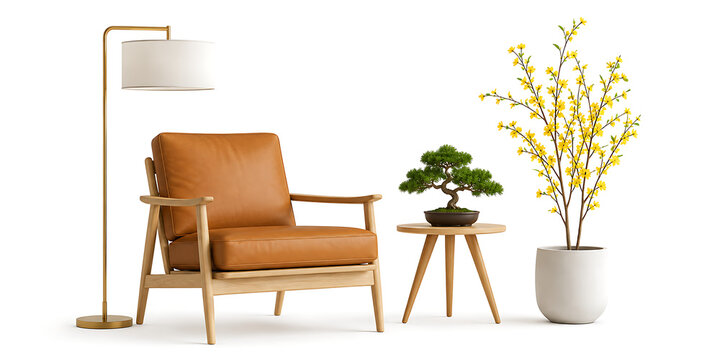 Mid-century modern leather armchair with wooden frame, minimalist living room furniture set, tan leather lounge chair with floor lamp and bonsai tree isolated on White Background ai