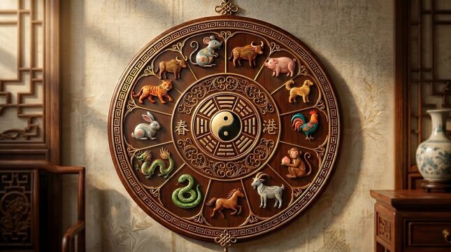Traditional Chinese Zodiac Wheel with Twelve Lunar Horoscope Animals Yin Yang Symbol and Feng Shui Inspired Wooden Wall Decor in Elegant Oriental Interior Setting