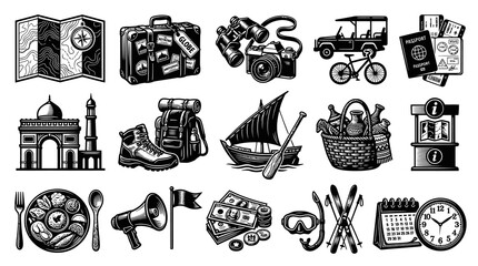 Obraz premium Black White Line Art Travel Icons: Suitcase, Map, Camera, Backpack, Bicycle, Boat, Food, Calendar