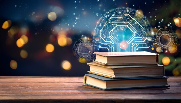 a stack of books on a wooden table created with generative ai technology