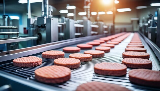 raw burger patties on conveyor belt in food processing factory ready for packaging