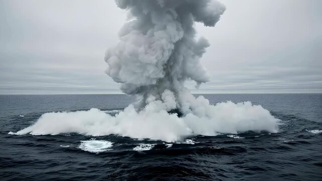 Underwater explosion in deep ocean causing massive water plume. Naval combat military weapon test creating giant splash. Destructive power of sea warfare event.