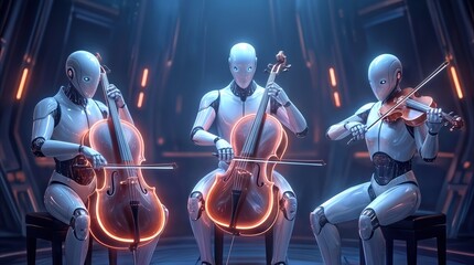 Fototapeta premium Cyborg musicians playing string instruments in futuristic concert hall. Artificial intelligence orchestra performing classical music in high-tech studio.