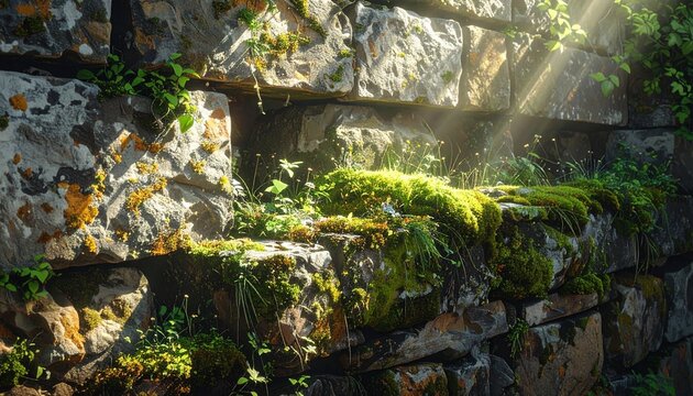 Moss covered rocks in a shaded forest stream.