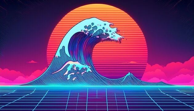 japanse giant tsunami wave in the synthwave outrun cyberpunk ai generated