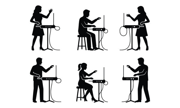 People Silhouettes Playing Theremin Electronic Instrument