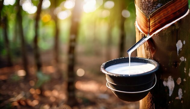 latex liquid collecting in a cup attached to a rubber tree the image conveys natural rubber harvesting raw material extraction and plantation production