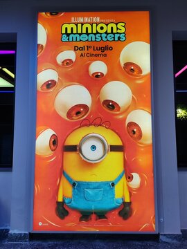 Ostia, Rome, Italy - June 16, 2026, billboard for the American animated film Minions and Monsters, in the lobby of the Cineland multiplex cinema.