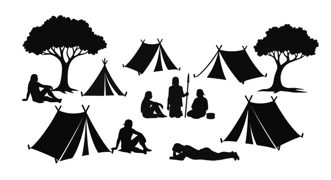 Black silhouette vector illustration of an ancient tribal settlement featuring prehistoric people, primitive tents, trees, and figures resting in a camp on a white background.