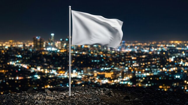 Blank white flag on a pole representing truce and peace against a night city bokeh.