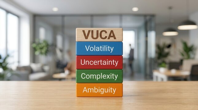 Adaptive leadership strategy concept featuring VUCA blocks on a wooden table in a blurred professional office environment.