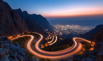 Naklejka premium Winding mountain road illuminated by car lights at dusk overlooking a city lights.