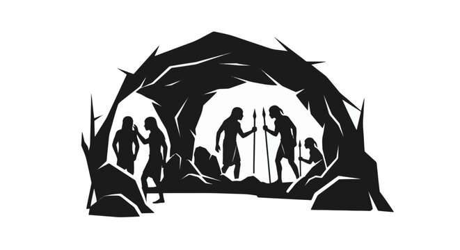 Black silhouette vector illustration of prehistoric cavemen tribe inside a rocky cave dwelling, featuring early humans holding spears and talking, isolated on white background.