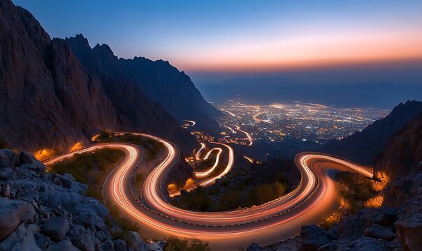 Winding mountain road illuminated by car lights at dusk overlooking a city lights.