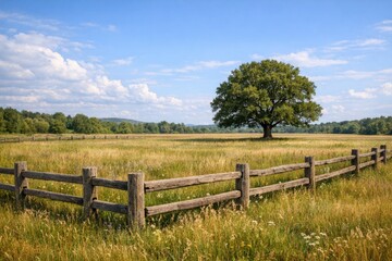 Fototapeta premium A wooden fence stands tall in a green field, with a tree visible in the distance