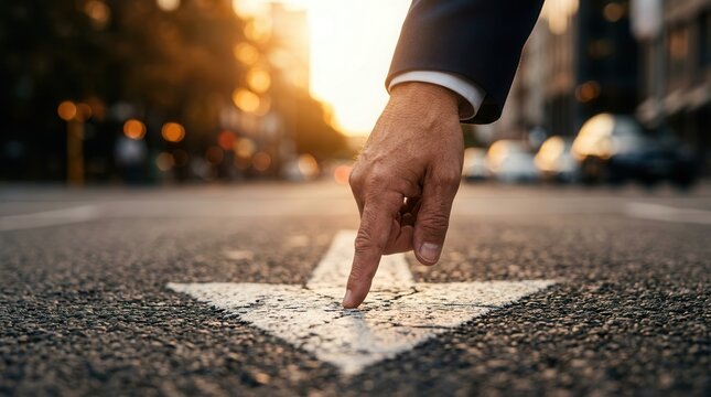 Hand pointing at a road arrow symbol to represent strategic planning and progress.