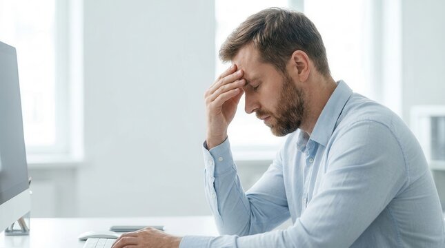 Burnout and stress at work shown by a man holding his forehead in exhaustion.