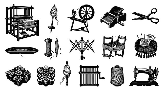 Vintage Engraving Black  White Illustration Set of Traditional Textile and Sewing Craft Tools
