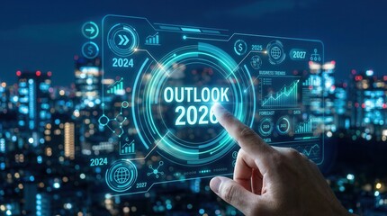 Fototapeta premium Economic and innovation business outlook concept for A hand touching a virtual screen showing OUTLOOK 2026 and business trend icons.