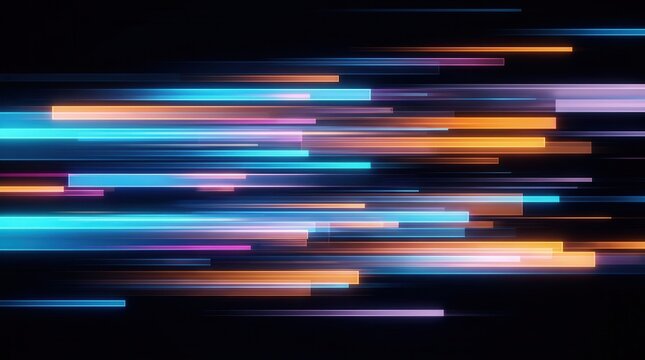 Speed and data flow represented by abstract colorful light bars during a technological shift.