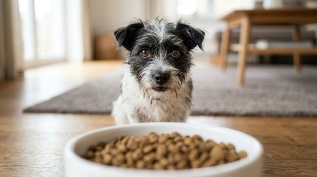 Close up of an adorable dog gazing at a white bowl filled with dog food.