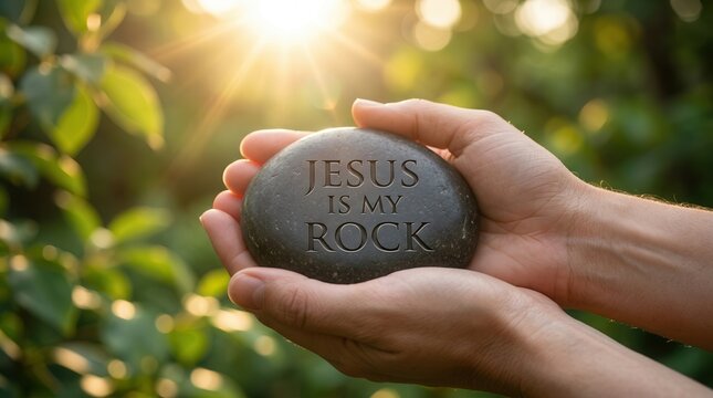 A solid foundation in God represented by a carved stone in nature.