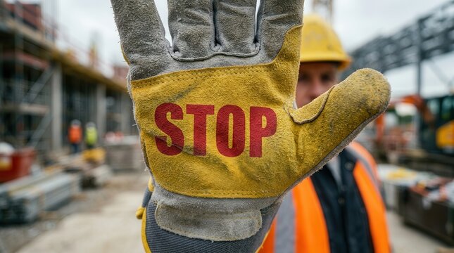 Project delay communication shown by a construction worker signaling stop at a work site.