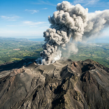 Explosive volcanic eruption with ash plume.