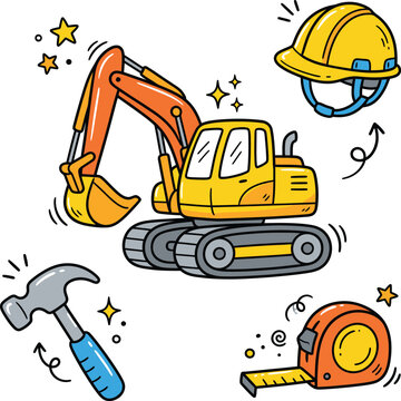 Construction equipment with excavator and tools doodle illustration