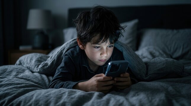 Young boy using a smartphone in bed wrapped in blankets, focusing on screen time.