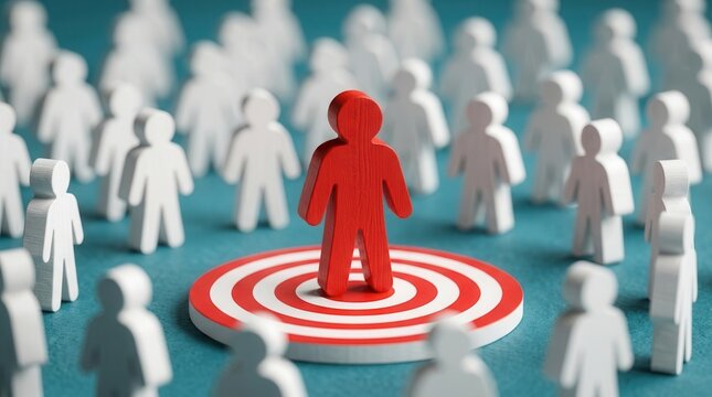 Achieving market differentiation and targeted industry success with a red person standing on a bullseye target.