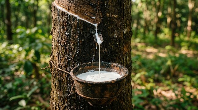 A close-up of white rubber latex dripping from a rubber tree for natural material growth.