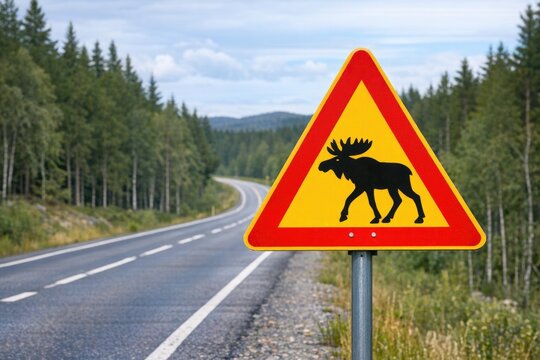 A yellow sign with black letters indicating moose crossing on a rural road