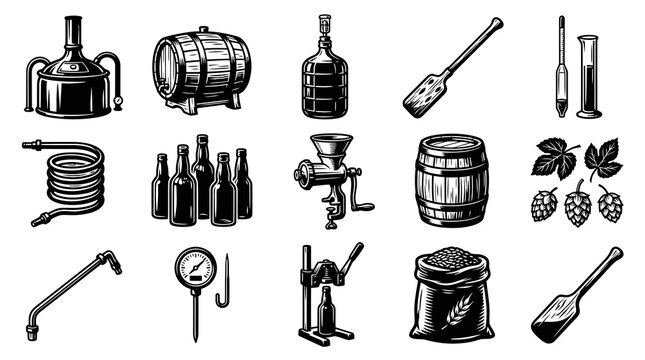 Brewing Equipment and Ingredients Vector Icons Set. Vintage Black and White Craft Beer Production Tools.