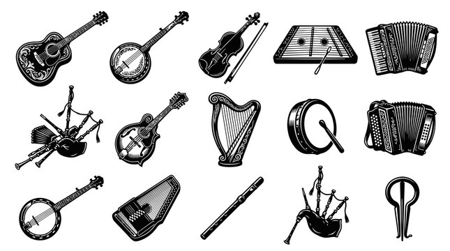 Black and White Line Art of Various Musical Instruments, Folk Instruments Collection