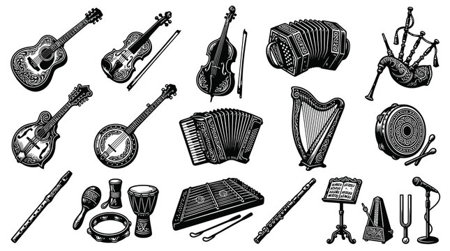 Music Industry: Black  White Engraved Line Art Collection of Vintage Musical Instruments  Accessories
