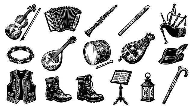 Black and White Line Art Folk Music Instruments and Accessories Vector Set