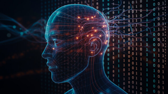 Human head with digital brain network and binary code background