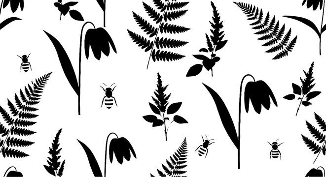 Black and white fern and bee illustration pattern.