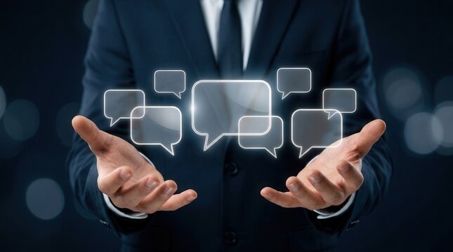 Digital communication icons floating above a professional's hands to symbolize teamwork and shared goals.