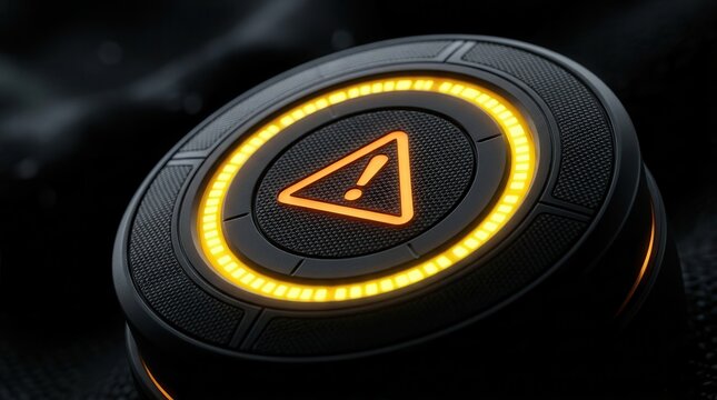 A black circular alert button with a yellow warning triangle and glowing LED ring for urgent notifications.
