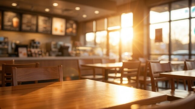 Interior of an empty fast food restaurant and cafe with menu boards and sunlight.