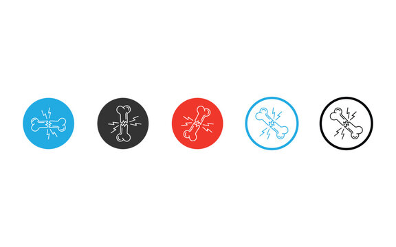 Set of broken bone icons, fracture symbols, vector illustration of damaged bones in different styles