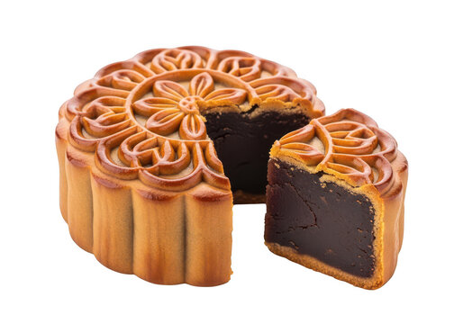 A golden-brown baked mooncake with a slice cut out, revealing a smooth dark bean paste filling, isolated against a solid black background